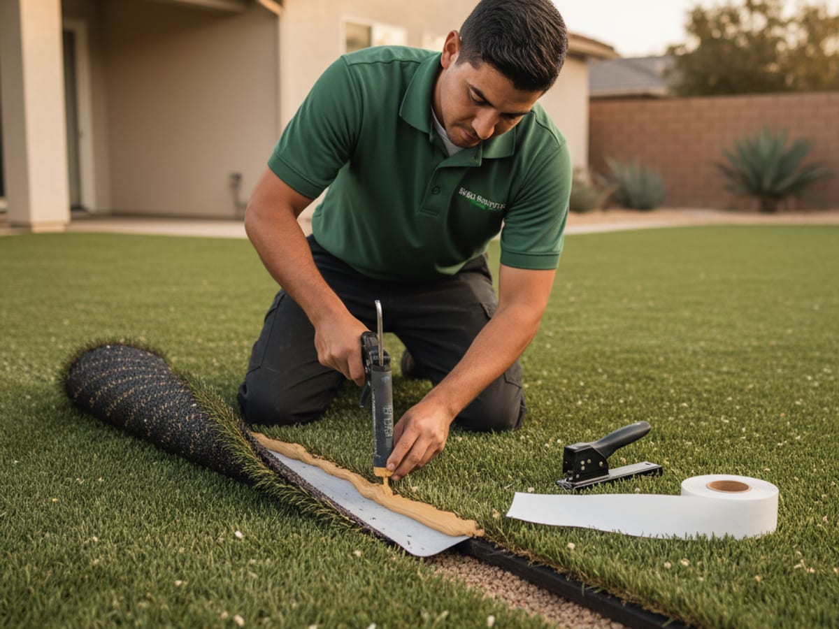 Installer reseaming a section of damaged artificial turf in a San Diego backyard